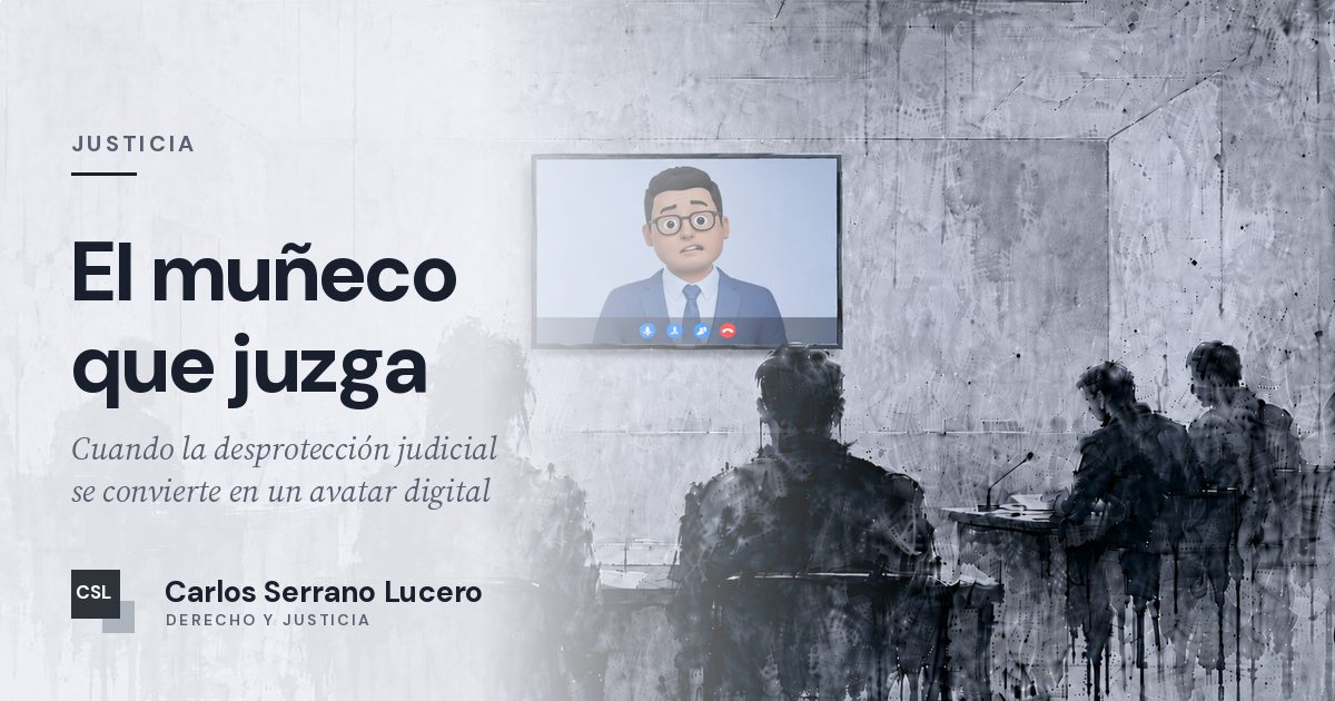 Ilustración en grises de una sala de audiencias; en una pantalla, un avatar digital ocupa el lugar del juez.